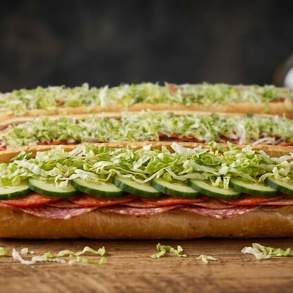 Three long submarine sandwiches filled with salami, pepperoni, cucumbers, and shredded lettuce on a wooden surface.