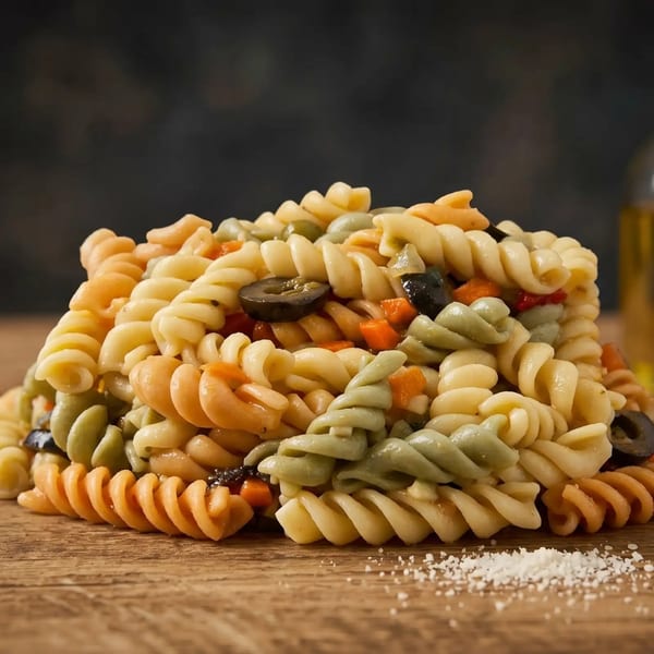 Colorful fusilli pasta salad with black olives and diced vegetables on a wooden surface.
