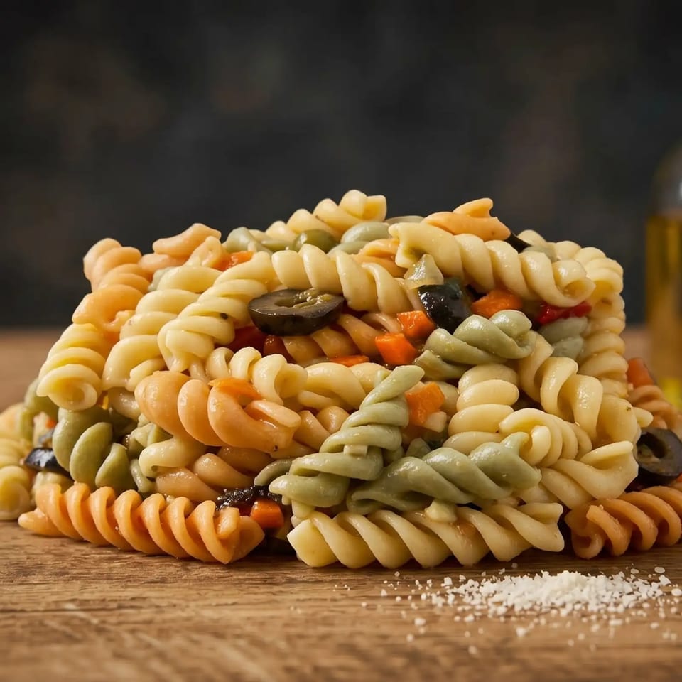 Colorful fusilli pasta salad with black olives and diced vegetables on a wooden surface.