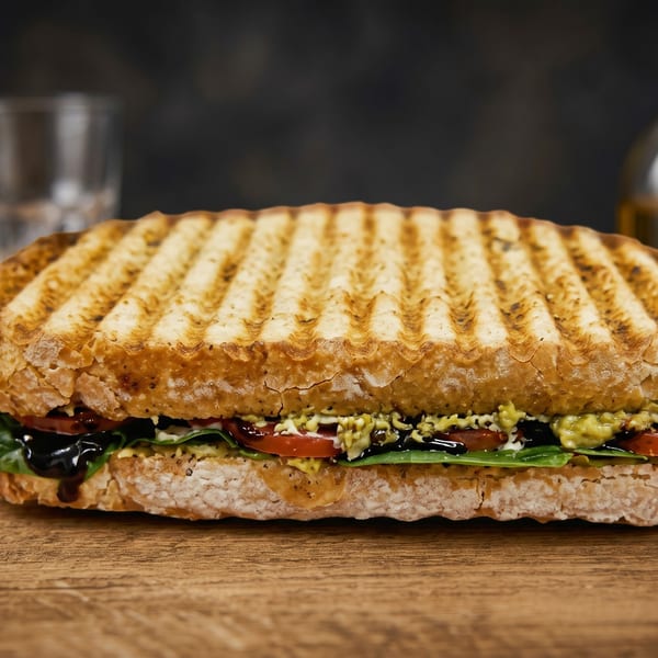 Grilled panini sandwich with tomatoes, avocado, spinach, and a dark sauce on a wooden board.