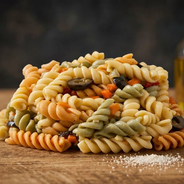 Colorful fusilli pasta salad with black olives and diced vegetables on a wooden surface.