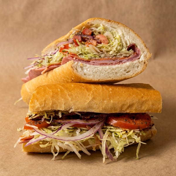 Two stacked deli sandwiches on a brown background, filled with meat, cheese, lettuce, tomatoes, and onions.