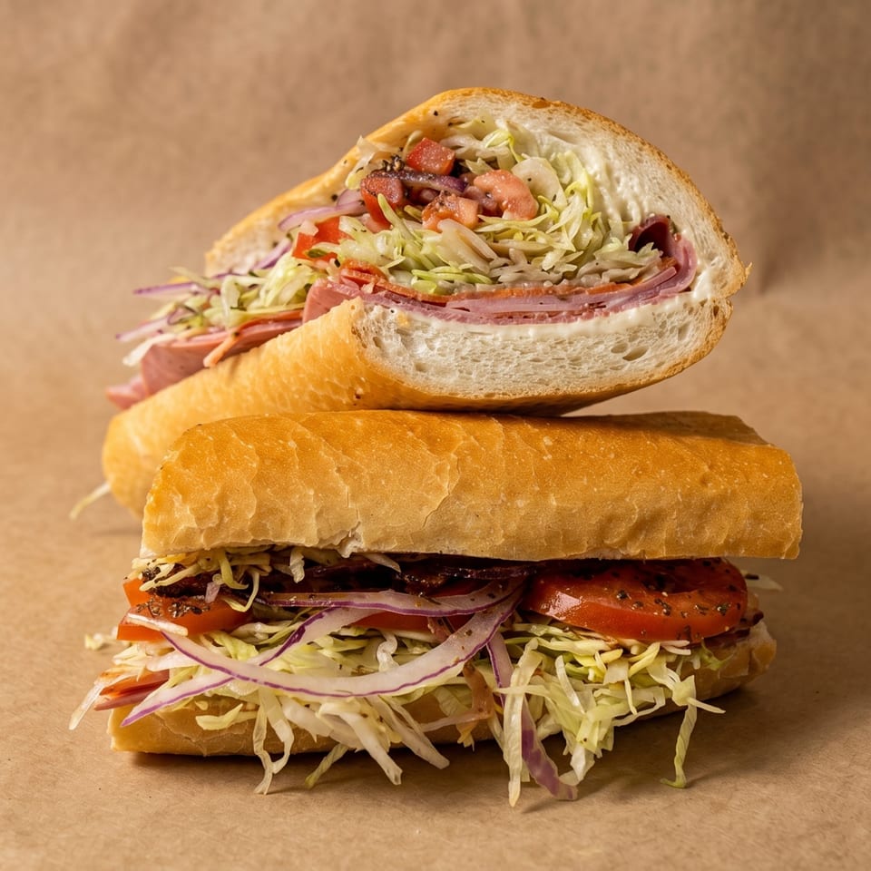 Two stacked deli sandwiches on a brown background, filled with meat, cheese, lettuce, tomatoes, and onions.